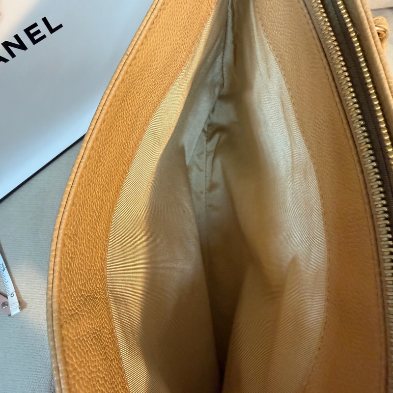 Chanel 香奈兒 vintage 奶茶手提包 金色皮穿鏈 30*23*8-17