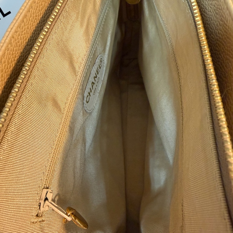 Chanel 香奈兒 vintage 奶茶手提包 金色皮穿鏈 30*23*8-19
