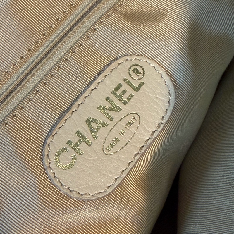 Chanel 香奈兒 vintage 奶茶手提包 金色皮穿鏈 30*23*8-22