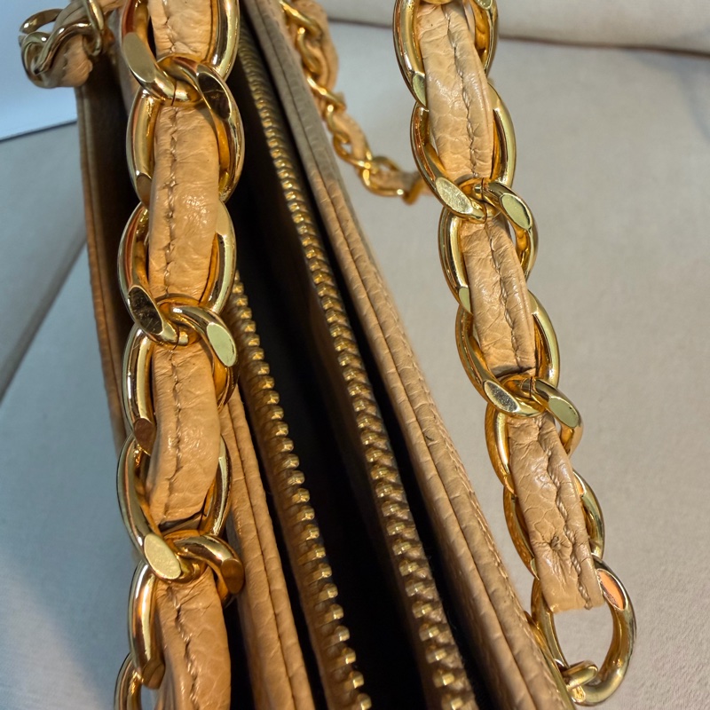 Chanel 香奈兒 vintage 奶茶手提包 金色皮穿鏈 30*23*8-25