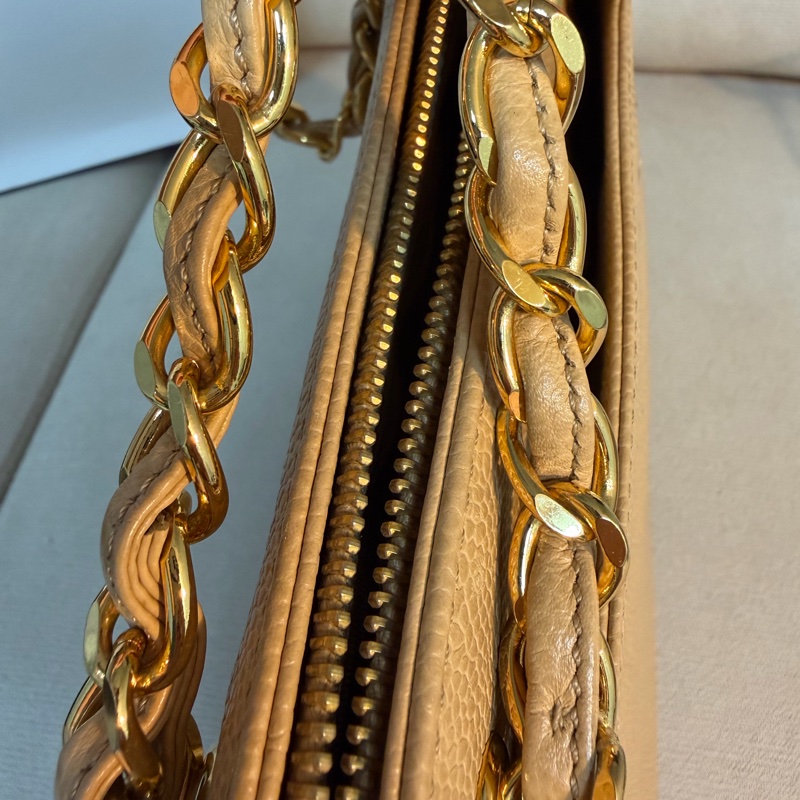 Chanel 香奈兒 vintage 奶茶手提包 金色皮穿鏈 30*23*8-26