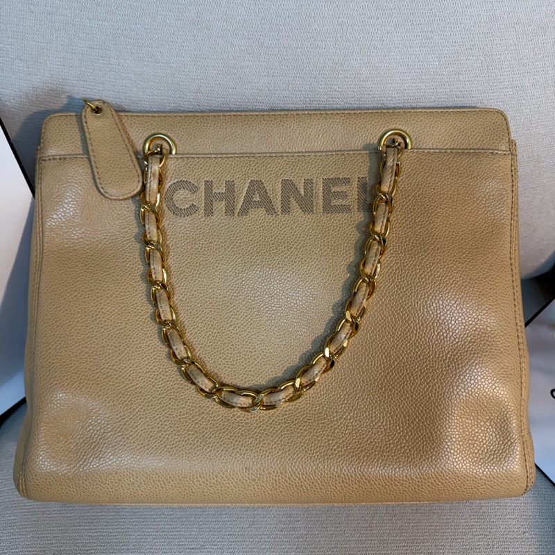 Chanel 香奈兒 vintage 奶茶手提包 金色皮穿鏈 30*23*8-27