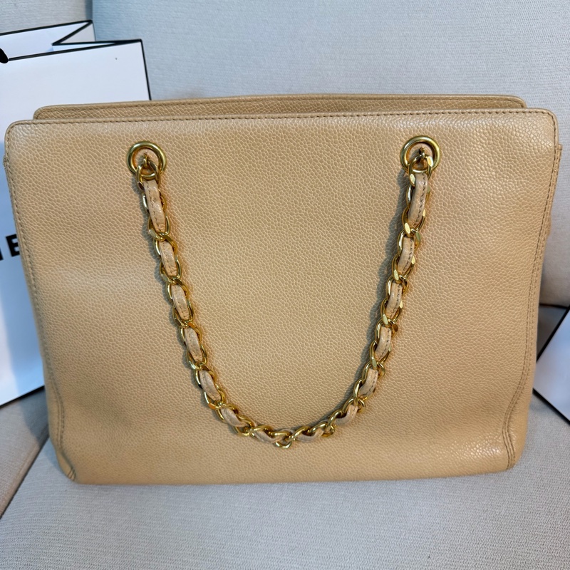 Chanel 香奈兒 vintage 奶茶手提包 金色皮穿鏈 30*23*8-28