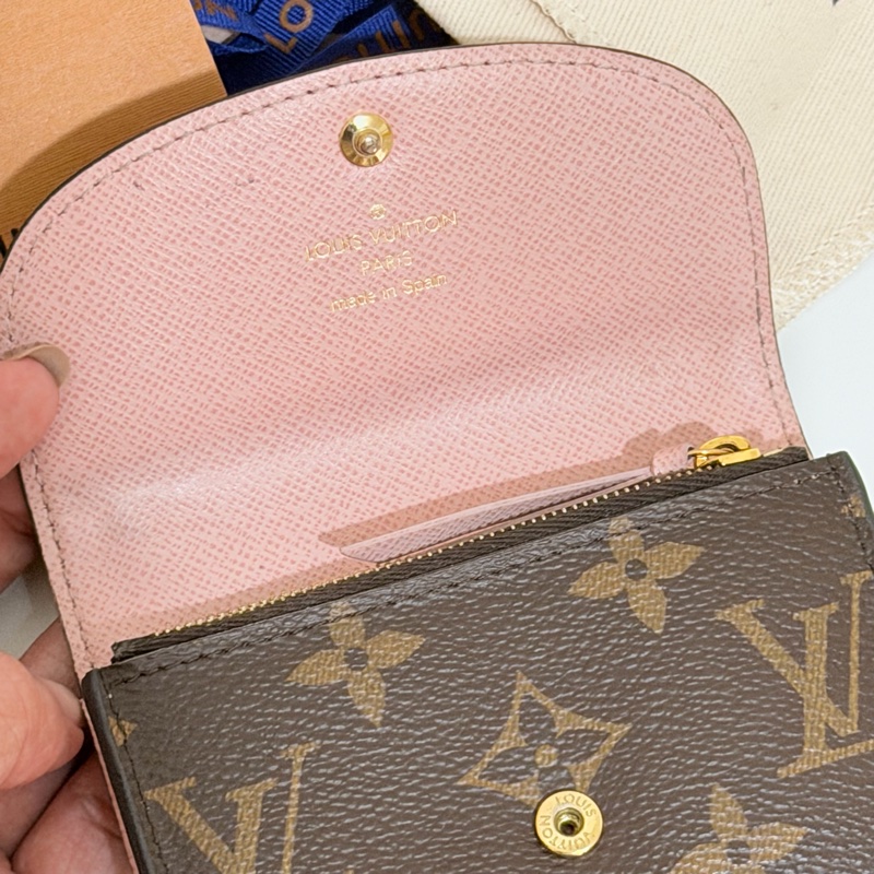 二手｜LV Rosalie老花粉色金扣零錢卡包-3