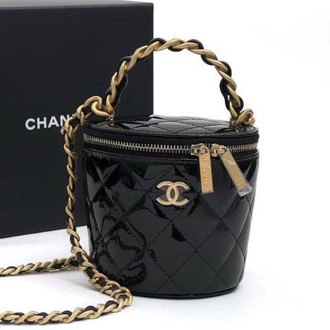 閒置未使用 CHANEL香奈兒 22A S印 菱格紋鏈條 皮穿鏈 小牛漆皮 水桶包發財桶手提包 常規 女款 黑色