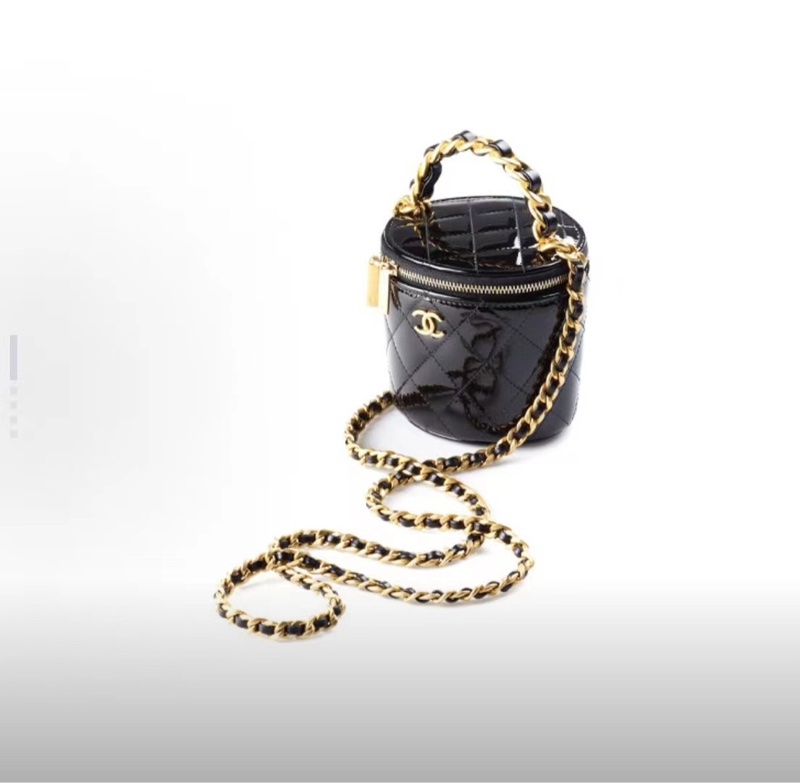 閒置未使用 CHANEL香奈兒 22A S印 菱格紋鏈條 皮穿鏈 小牛漆皮 水桶包發財桶手提包 常規 女款 黑色-4