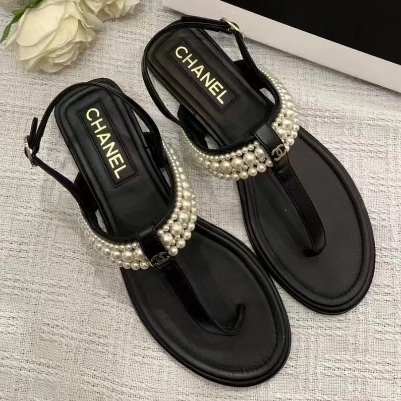 閒置未使用Chanel 香奈兒 珍珠夾腳涼鞋 黑色  S印 35.5碼 有盒-0
