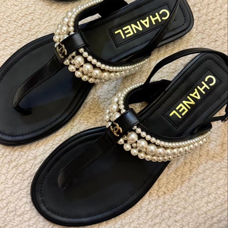 閒置未使用Chanel 香奈兒 珍珠夾腳涼鞋 黑色  S印 35.5碼 有盒-1