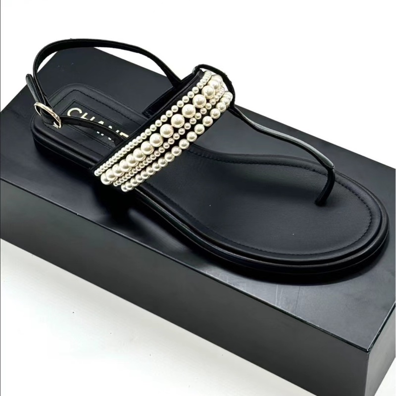 閒置未使用Chanel 香奈兒 珍珠夾腳涼鞋 黑色  S印 35.5碼 有盒-2