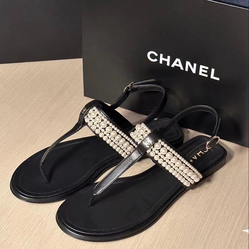 閒置未使用Chanel 香奈兒 珍珠夾腳涼鞋 黑色  S印 35.5碼 有盒-3