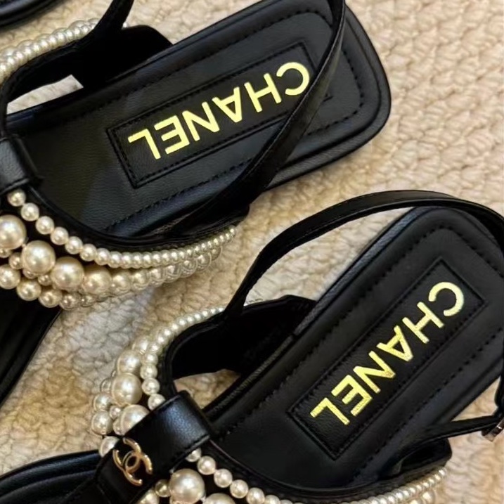 閒置未使用Chanel 香奈兒 珍珠夾腳涼鞋 黑色  S印 35.5碼 有盒-4