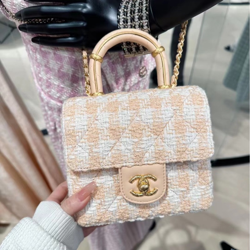 閒置未使用CHANEL 香奈兒 23S粉橘毛呢手柄鏈條包 芯片款 S印尺寸15*15.5*7.5-0