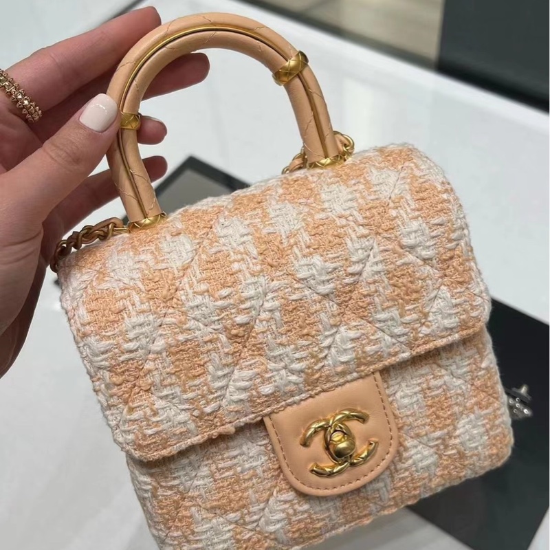 閒置未使用CHANEL 香奈兒 23S粉橘毛呢手柄鏈條包 芯片款 S印尺寸15*15.5*7.5-1