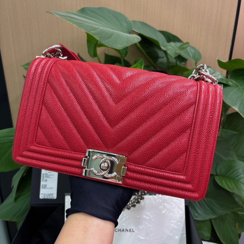 香奈兒/Chanel 深紅色荔枝紋牛皮V紋leboy中號鏈條包-5