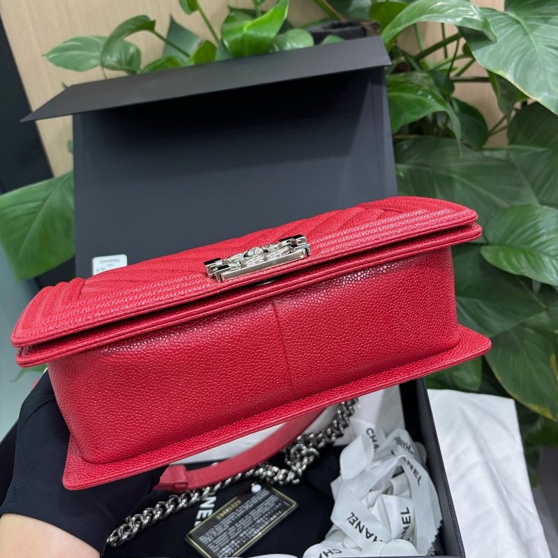 香奈兒/Chanel 深紅色荔枝紋牛皮V紋leboy中號鏈條包-7