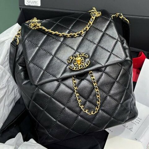 閒置新 香奈兒/Chanel 黑金羊皮雙肩包 芯片款