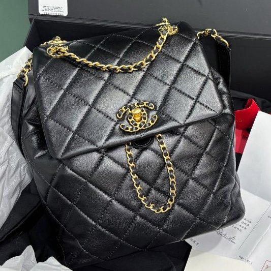 閒置新 香奈兒/Chanel 黑金羊皮雙肩包 芯片款-6