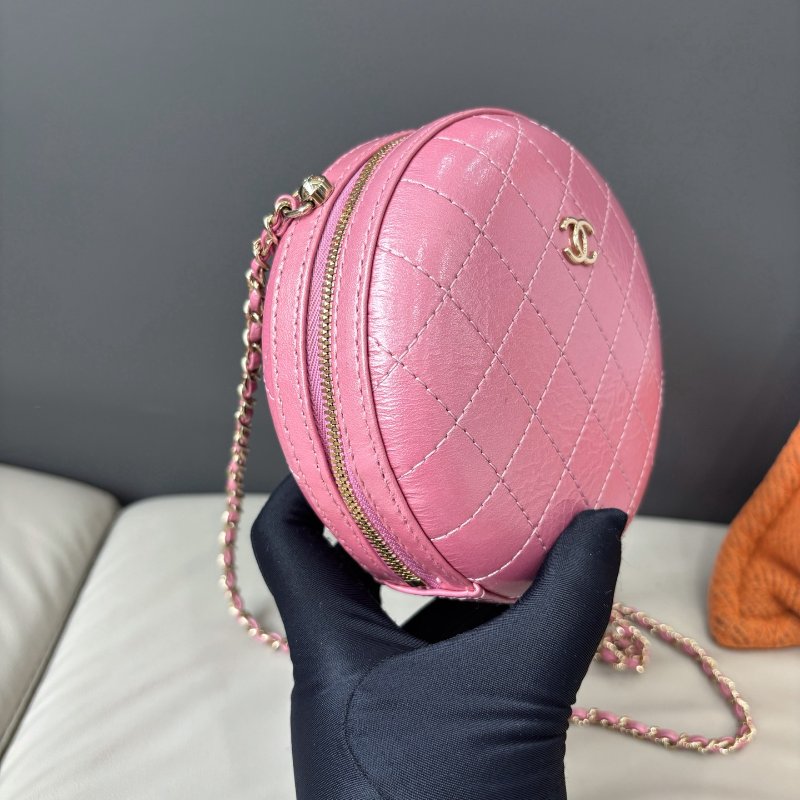近新品 香奈兒/Chanel  粉色全皮圓餅鏈條斜背包-3