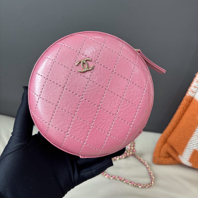 近新品 香奈兒/Chanel  粉色全皮圓餅鏈條斜背包-6