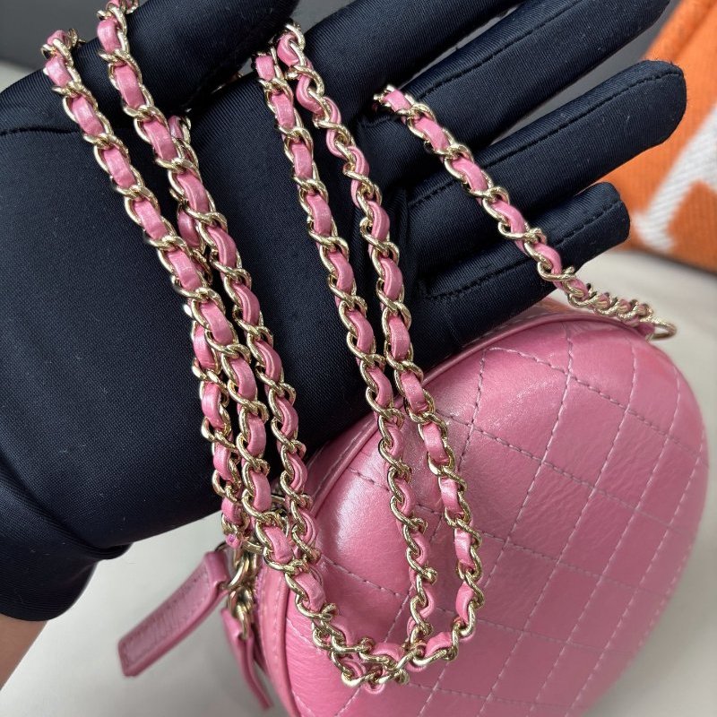 近新品 香奈兒/Chanel  粉色全皮圓餅鏈條斜背包-10