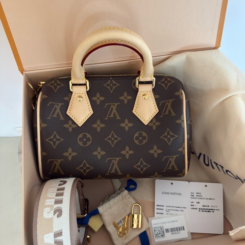 全新LV 老花Speedy Bandoulière 20米拚色帆布寬揹帶波士頓包M46222