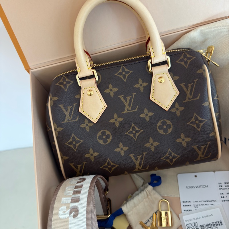全新LV 老花Speedy Bandoulière 20米拚色帆布寬揹帶波士頓包M46222-3