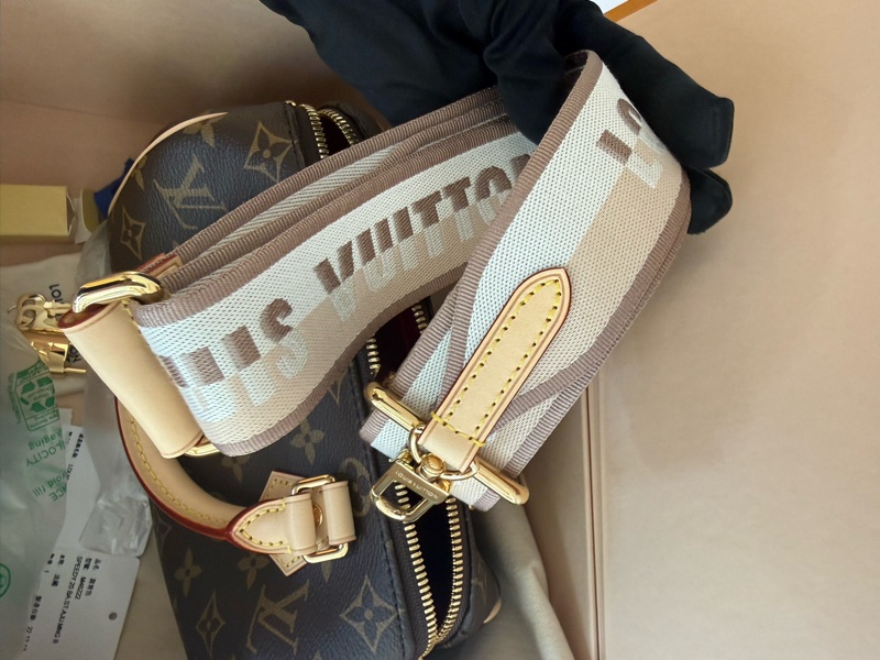 全新LV 老花Speedy Bandoulière 20米拚色帆布寬揹帶波士頓包M46222-8