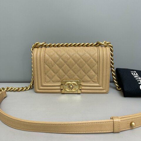 香奈兒/Chanel Leboy小號牛皮荔枝紋金扣奶茶色包