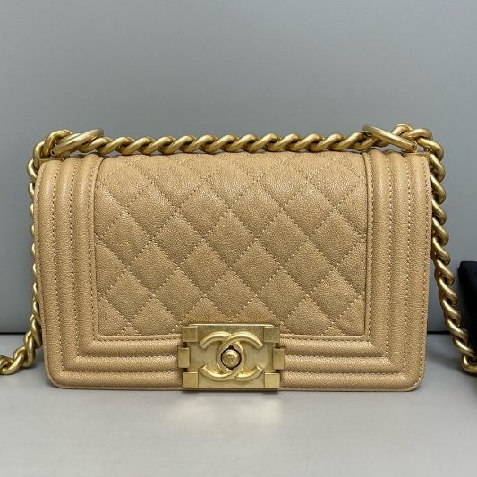 香奈兒/Chanel Leboy小號牛皮荔枝紋金扣奶茶色包-6