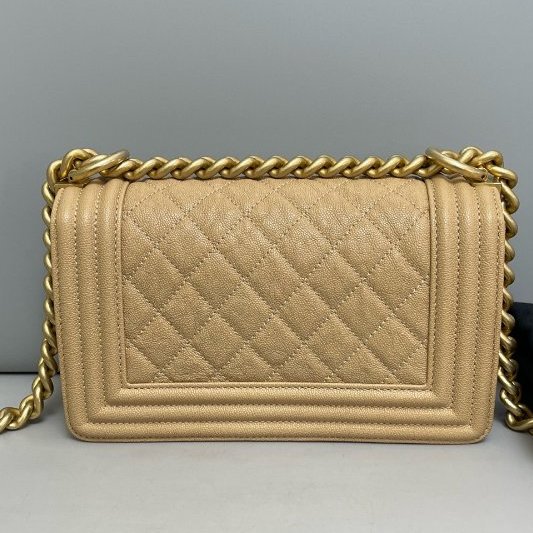 香奈兒/Chanel Leboy小號牛皮荔枝紋金扣奶茶色包-7