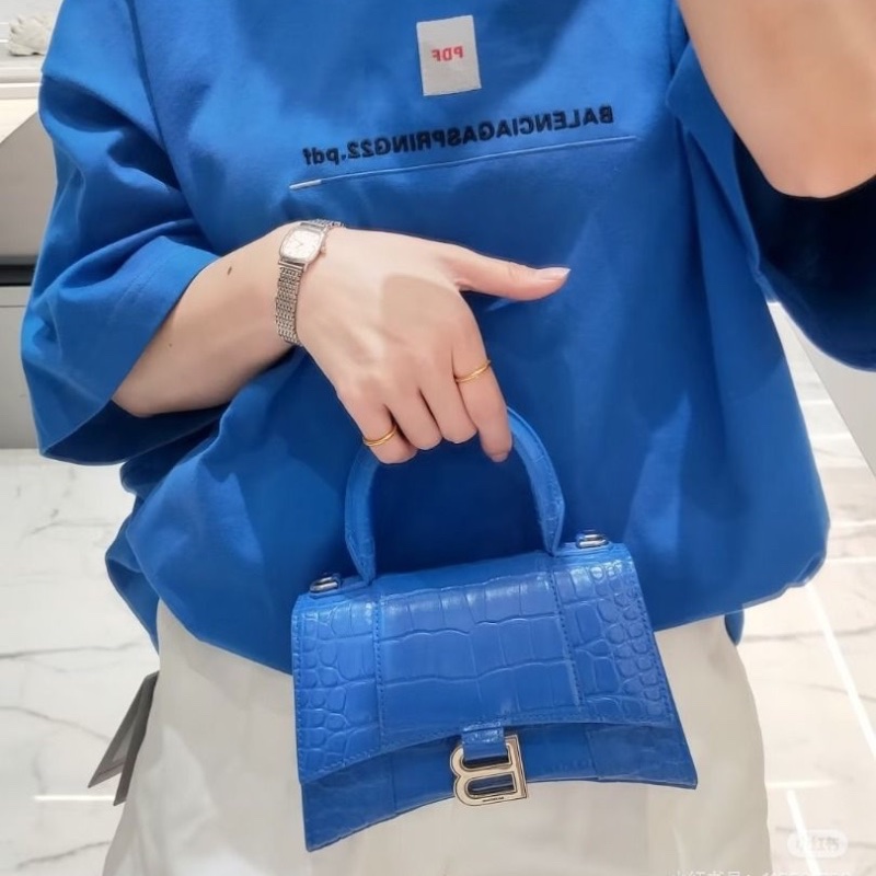 BALENCIAGA 藍銀鱷魚壓紋沙漏xs 手提肩背斜背包19*12*7  95新 配件塵袋吊牌-0