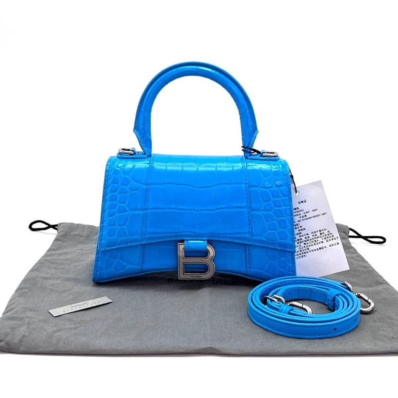 BALENCIAGA 藍銀鱷魚壓紋沙漏xs 手提肩背斜背包19*12*7  95新 配件塵袋吊牌-1