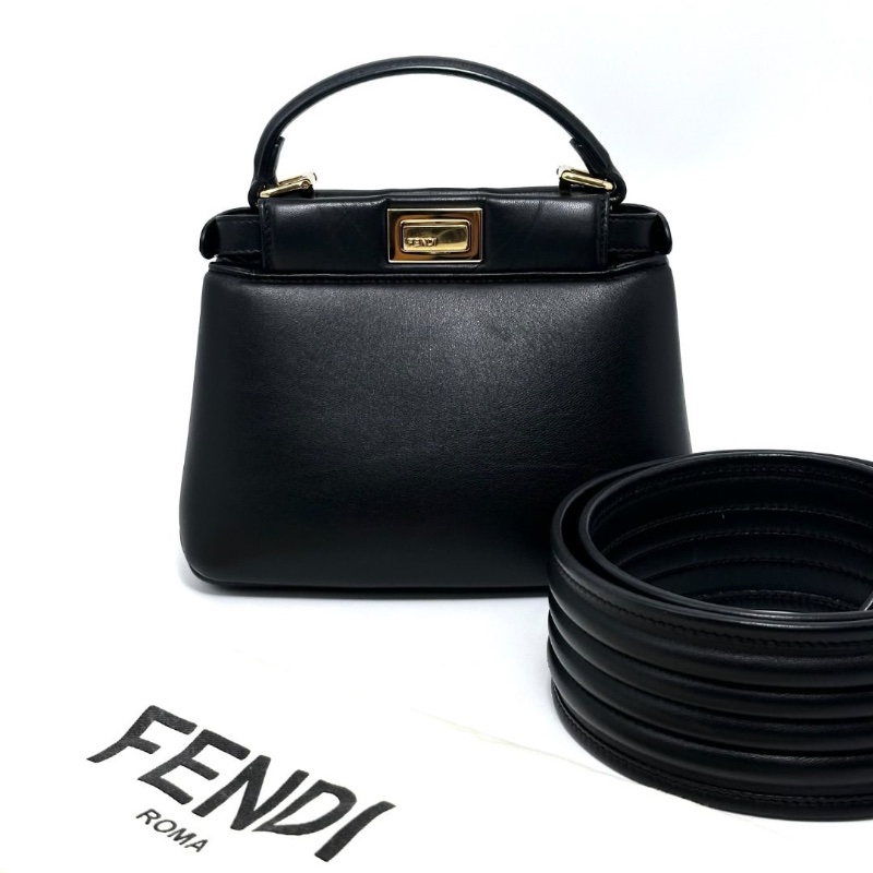 FENDI 黑金羊皮peekaboo Lconic 手提肩背斜背包20*15*9 9新 配件塵袋-2