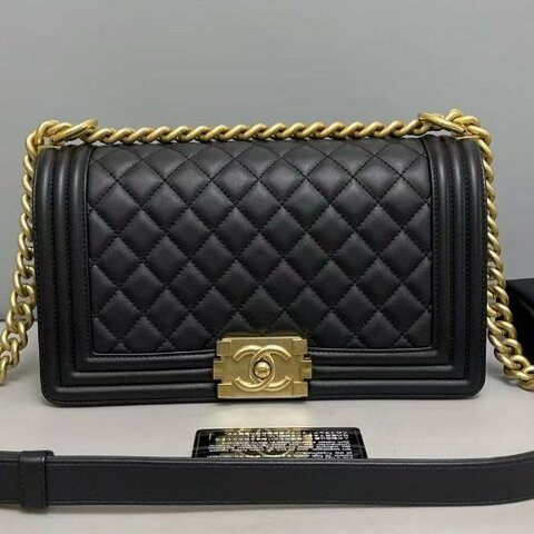 香奈兒/Chanel Leboy中號 黑金牛皮菱格鏈條包