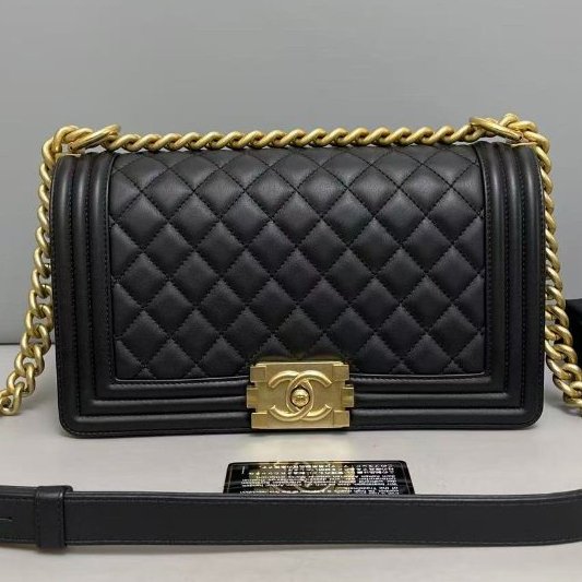 香奈兒/Chanel Leboy中號 黑金牛皮菱格鏈條包-6