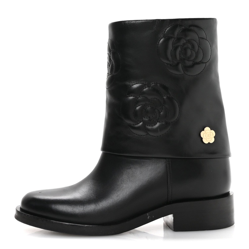 CHANEL 香奈兒 G31923 黑色牛皮 立體 山茶花 低跟 短筒 皮靴 靴子 短靴-1