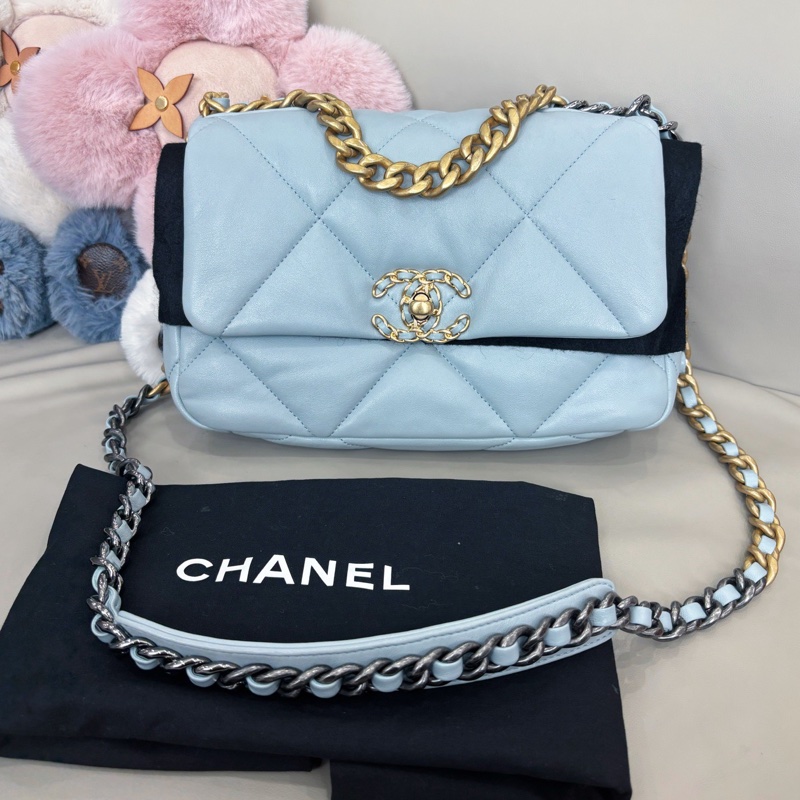 【近新閒置品】香奈兒 Chanel 淺霧霾藍19bag小號鏈條包 芯片款-0