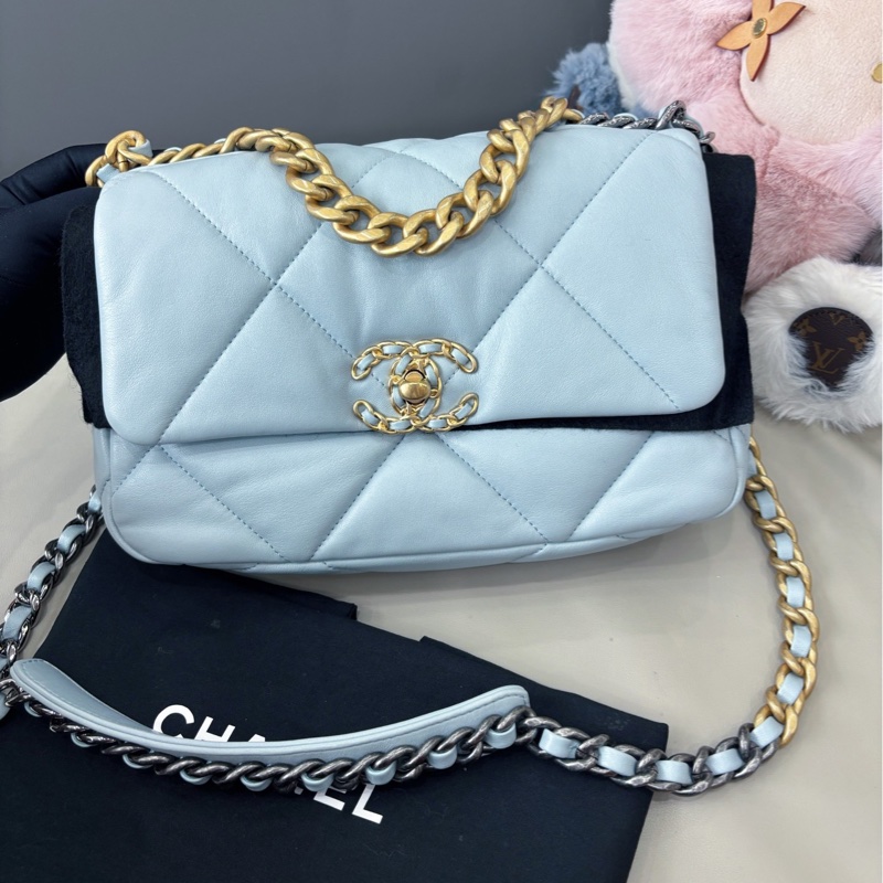 【近新閒置品】香奈兒 Chanel 淺霧霾藍19bag小號鏈條包 芯片款-1