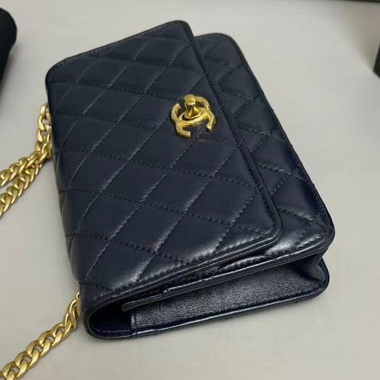 芯片款 香奈兒/Chanel 深藍色全皮菱格金柱woc鏈條包-2