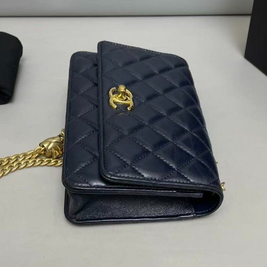 芯片款 香奈兒/Chanel 深藍色全皮菱格金柱woc鏈條包-3