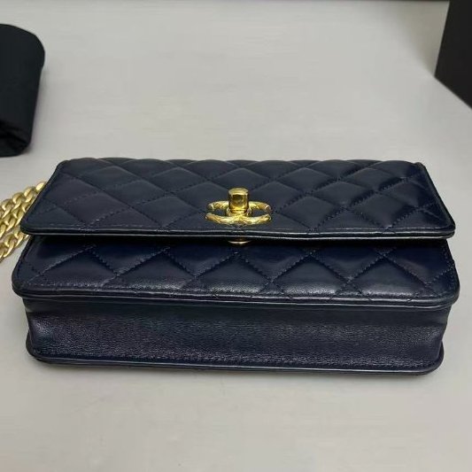 芯片款 香奈兒/Chanel 深藍色全皮菱格金柱woc鏈條包-5