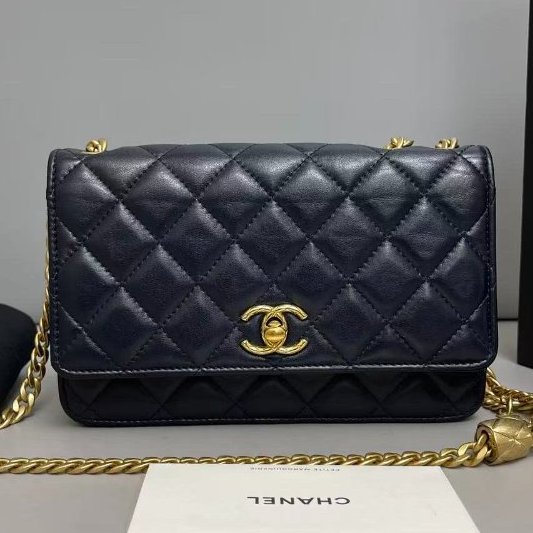 芯片款 香奈兒/Chanel 深藍色全皮菱格金柱woc鏈條包-6