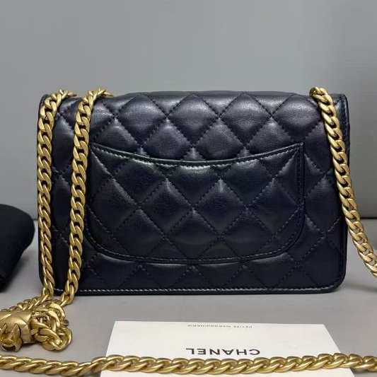 芯片款 香奈兒/Chanel 深藍色全皮菱格金柱woc鏈條包-7