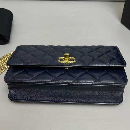芯片款 香奈兒/Chanel 深藍色全皮菱格金柱woc鏈條包-8
