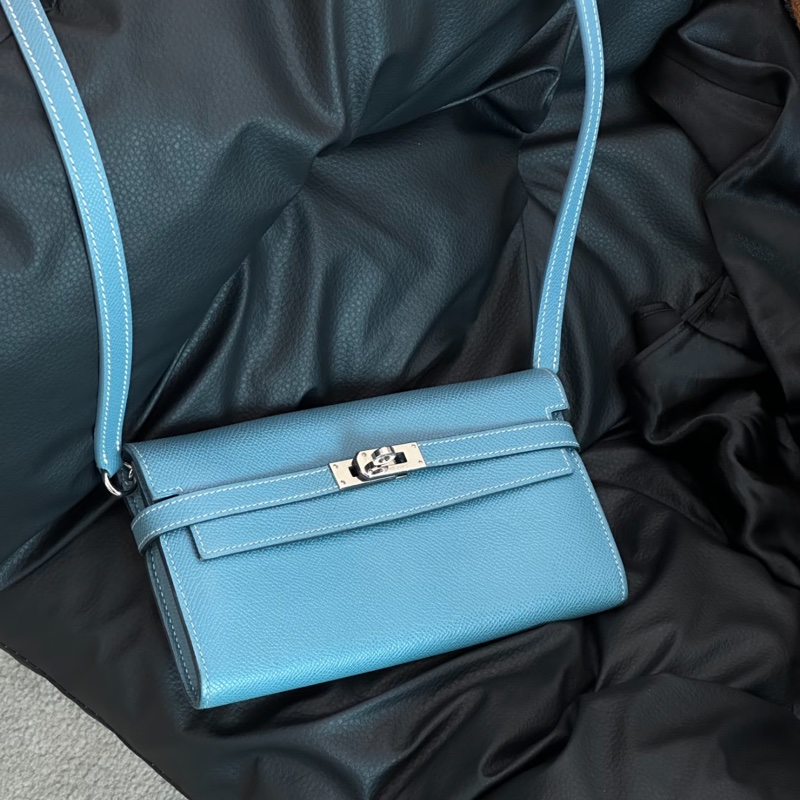 Hermes • Kelly Long 牛仔藍Epsom皮銀釦長夾 帶膜-0