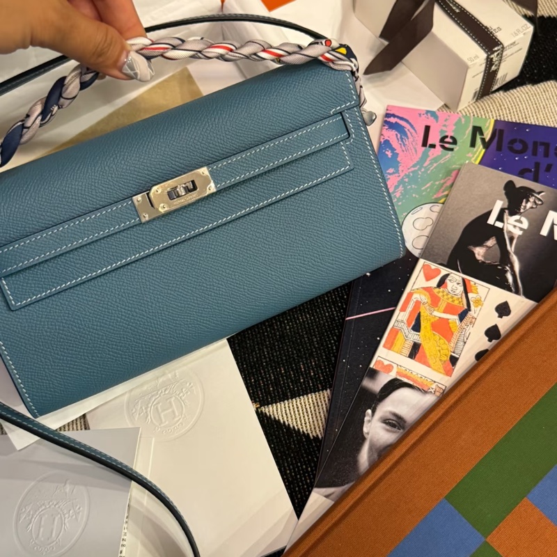 Hermes • Kelly Long 牛仔藍Epsom皮銀釦長夾 帶膜-1