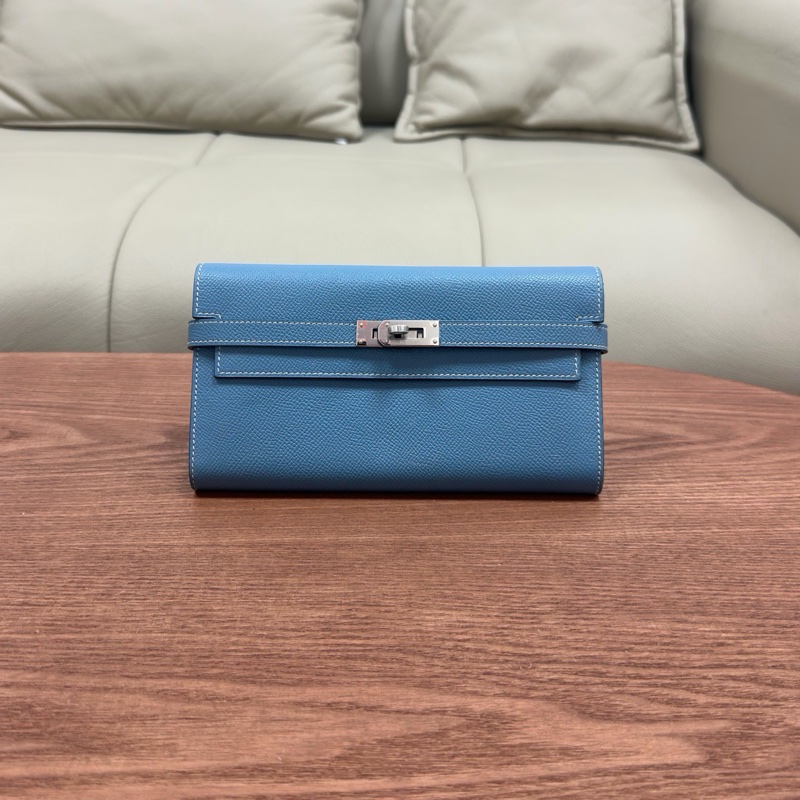 Hermes • Kelly Long 牛仔藍Epsom皮銀釦長夾 帶膜-2
