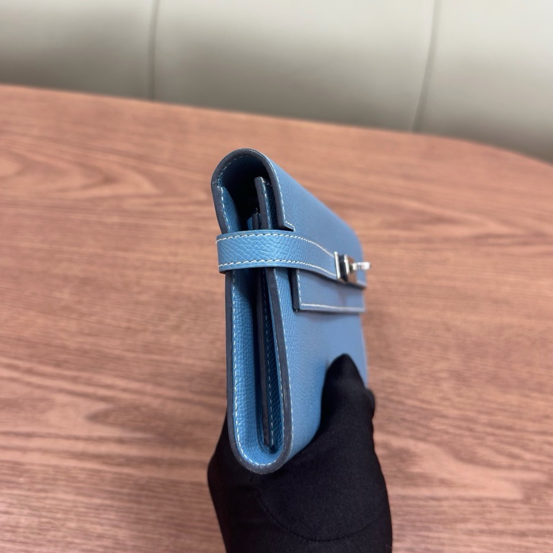Hermes • Kelly Long 牛仔藍Epsom皮銀釦長夾 帶膜-4