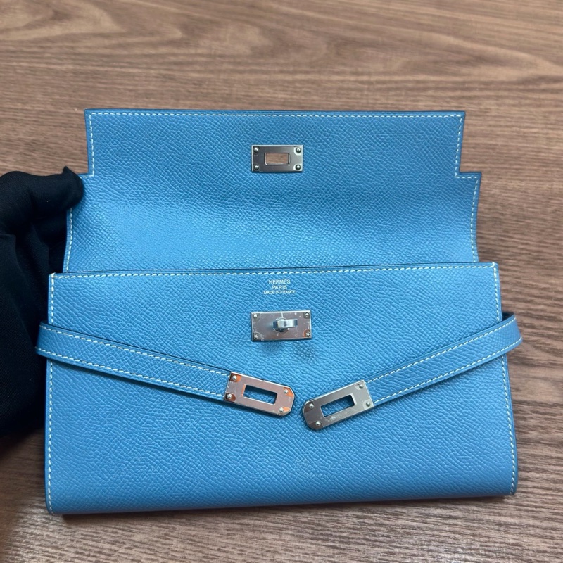 Hermes • Kelly Long 牛仔藍Epsom皮銀釦長夾 帶膜-8