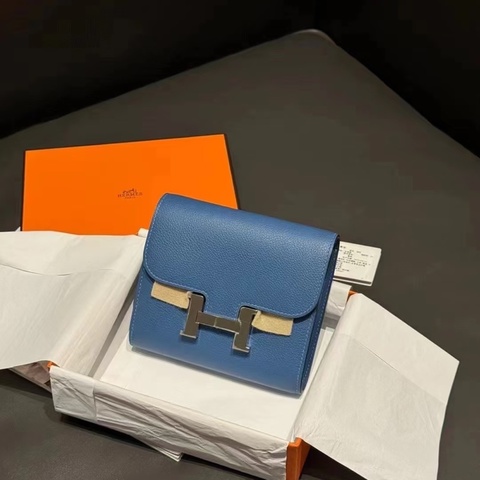 Hermes • Constance 康康霧霾藍銀釦短夾